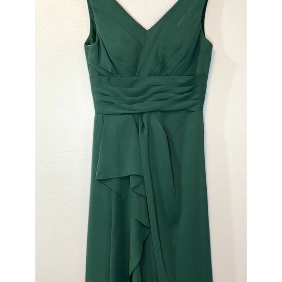 Azazie Size 4 Julianna Formal Dress Maxi A Line Pleated Waist V Neck Dark Green - Picture 4 of 14